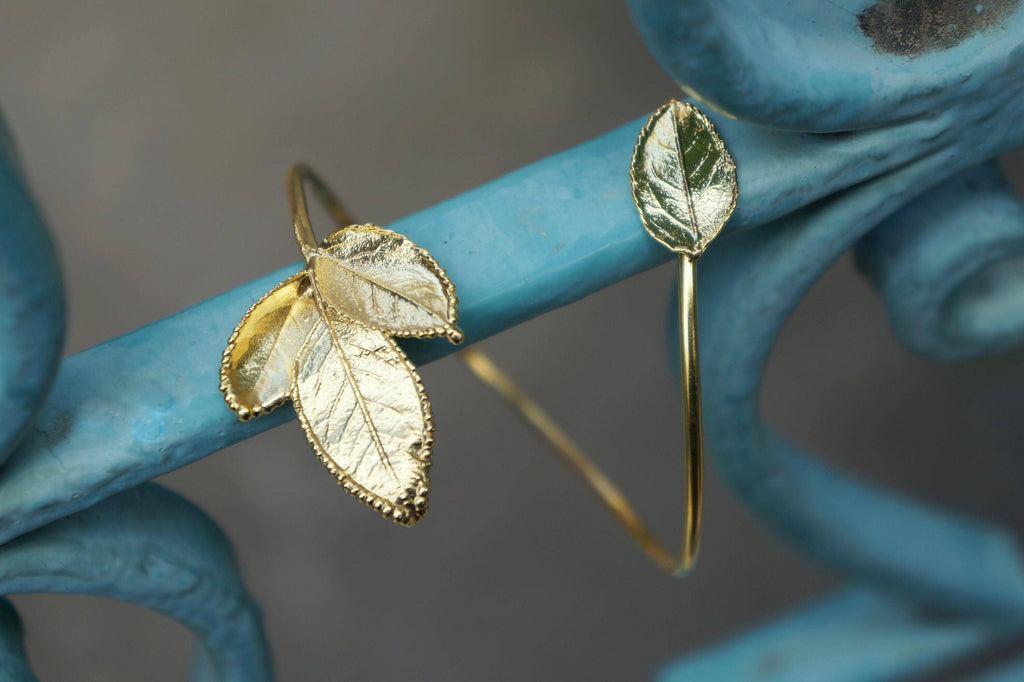 Rose Leaf Cuff Bracelet - Adjustable Gold-Plated Brass Botanical Jewelry