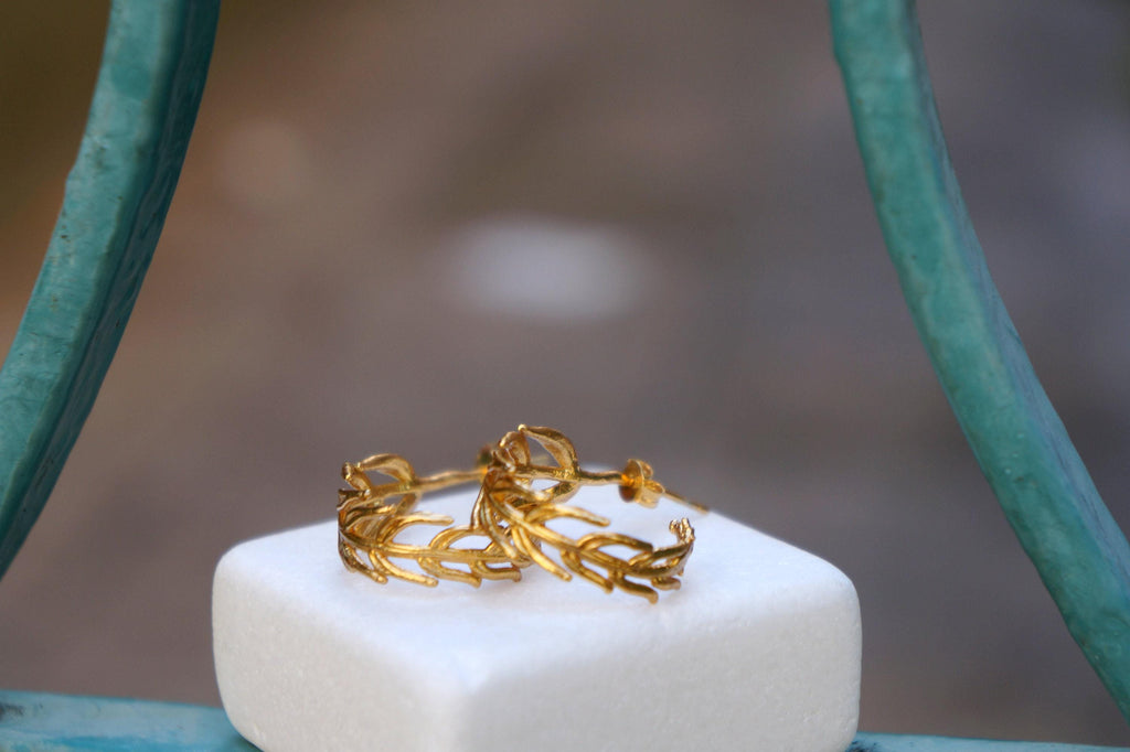 Gold Hoop Earrings – Handmade Recycled Brass With Gold Leaf Design | Eco Friendly Jewelry