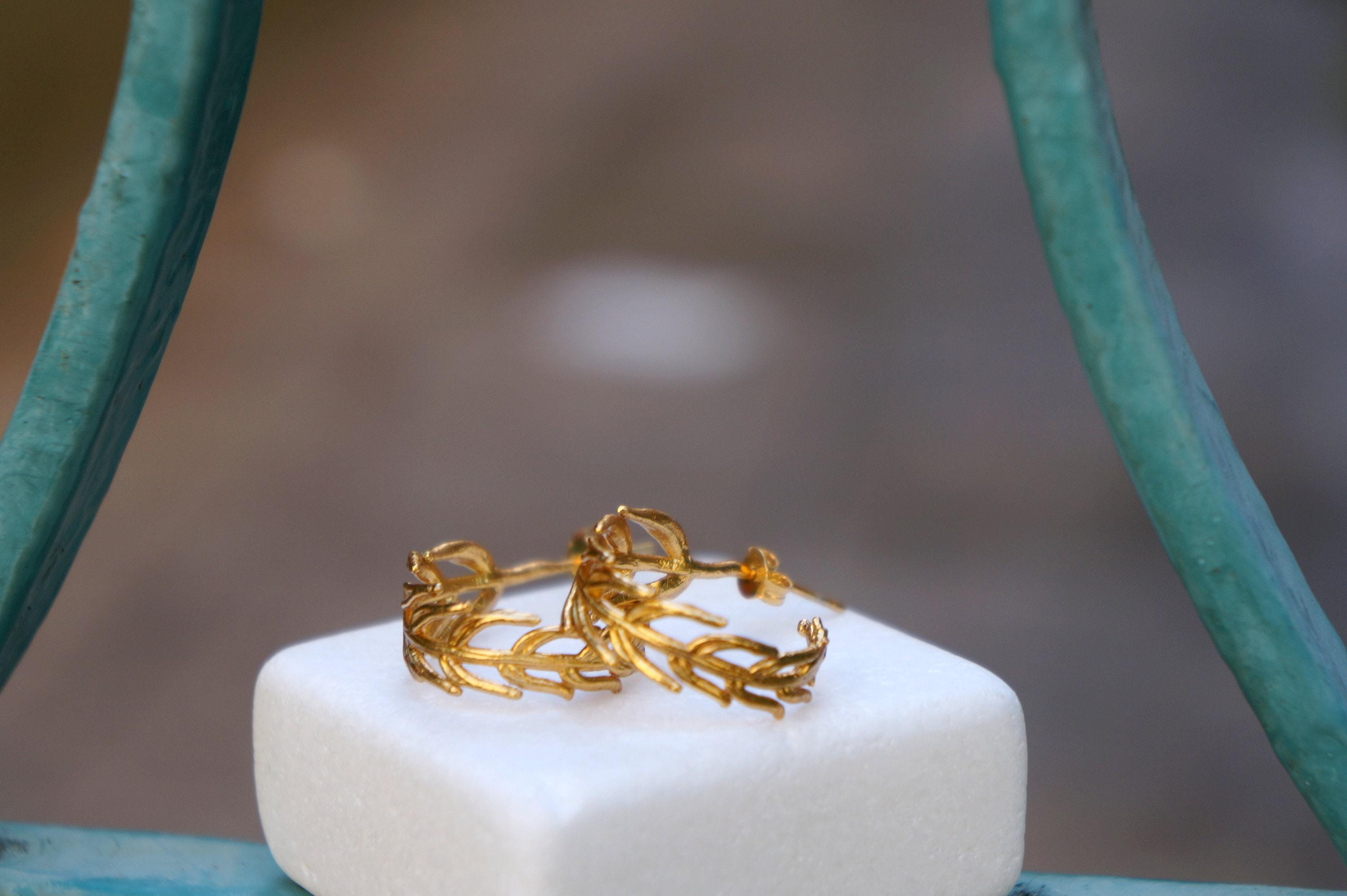 Gold Hoop Earrings – Handmade Recycled Brass With Gold Leaf Design | Eco Friendly Jewelry