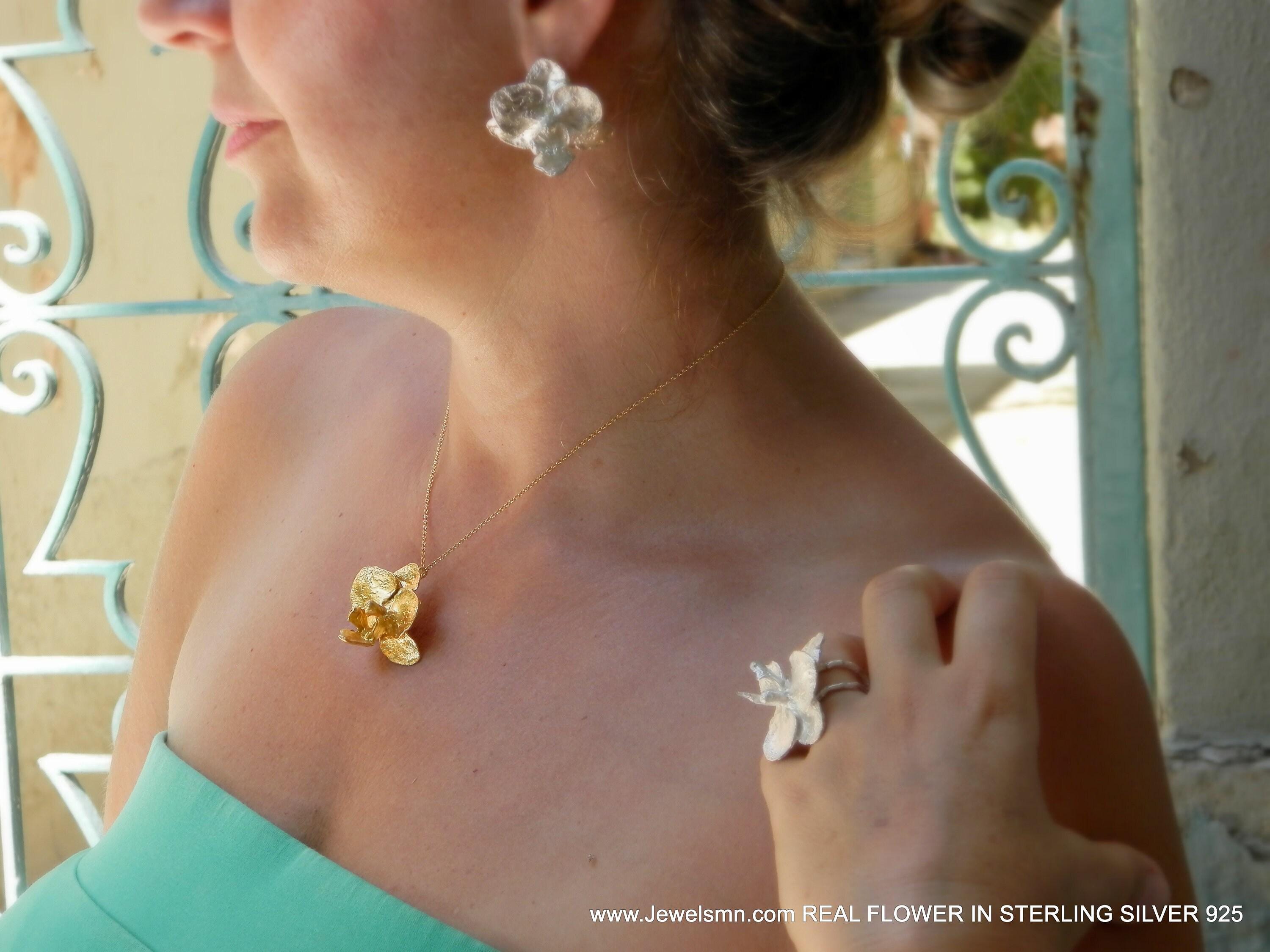 Gold Orchid Necklace, Gold-Plated Jewelry, Brass Pendant, 14k Gold-Plated Brass, Birthday Gift, Gift for Her, Handmade Jewelry