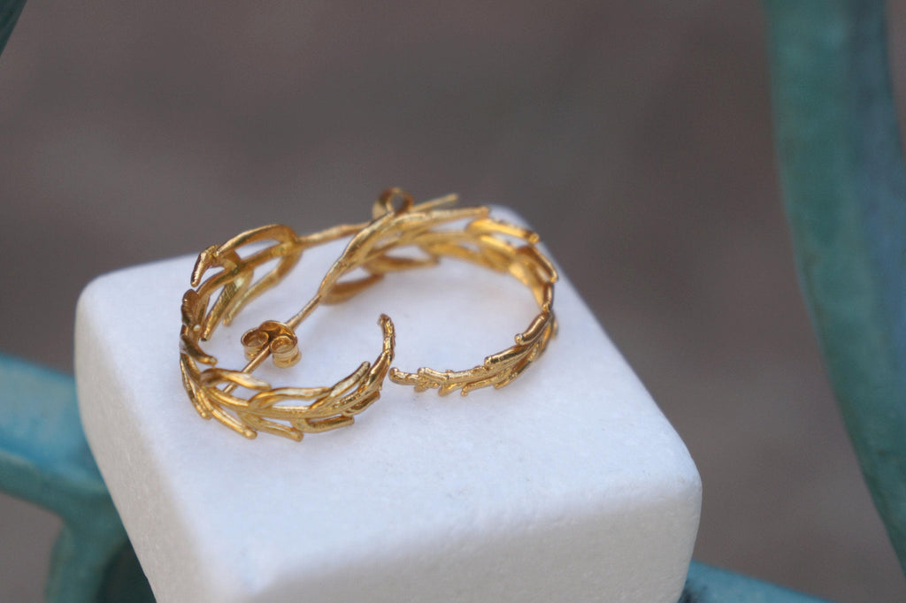 Gold Hoop Earrings – Handmade Recycled Brass With Gold Leaf Design | Eco Friendly Jewelry