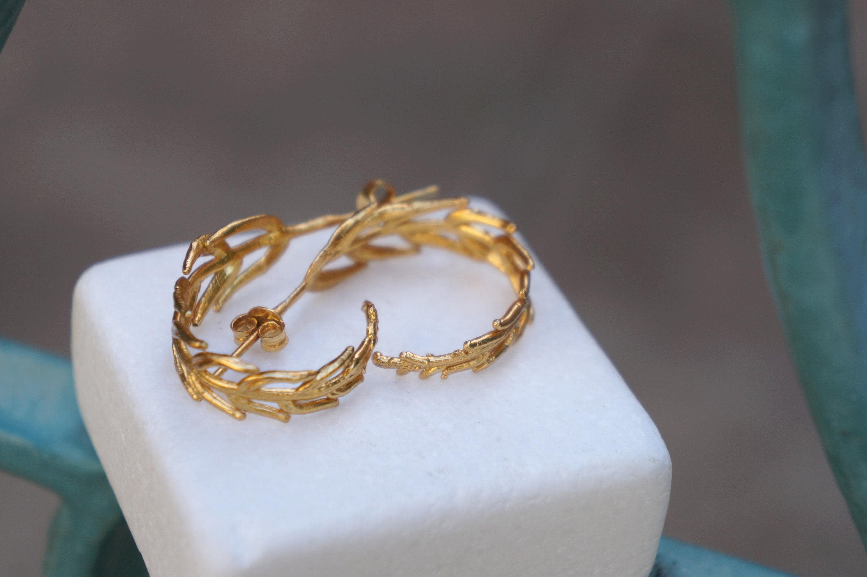 Gold Hoop Earrings – Handmade Recycled Brass With Gold Leaf Design | Eco Friendly Jewelry