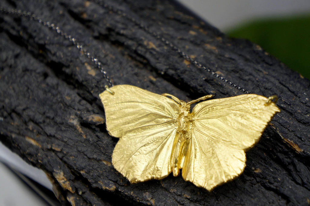 Butterfly Necklace – 14K Gold Plated Pendant on Black Rhodium Chain, Real Butterfly Wings