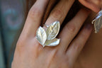 Nature-Inspired Gold Ring, Real Rose Leaves (Adjustable, Recycled Brass)