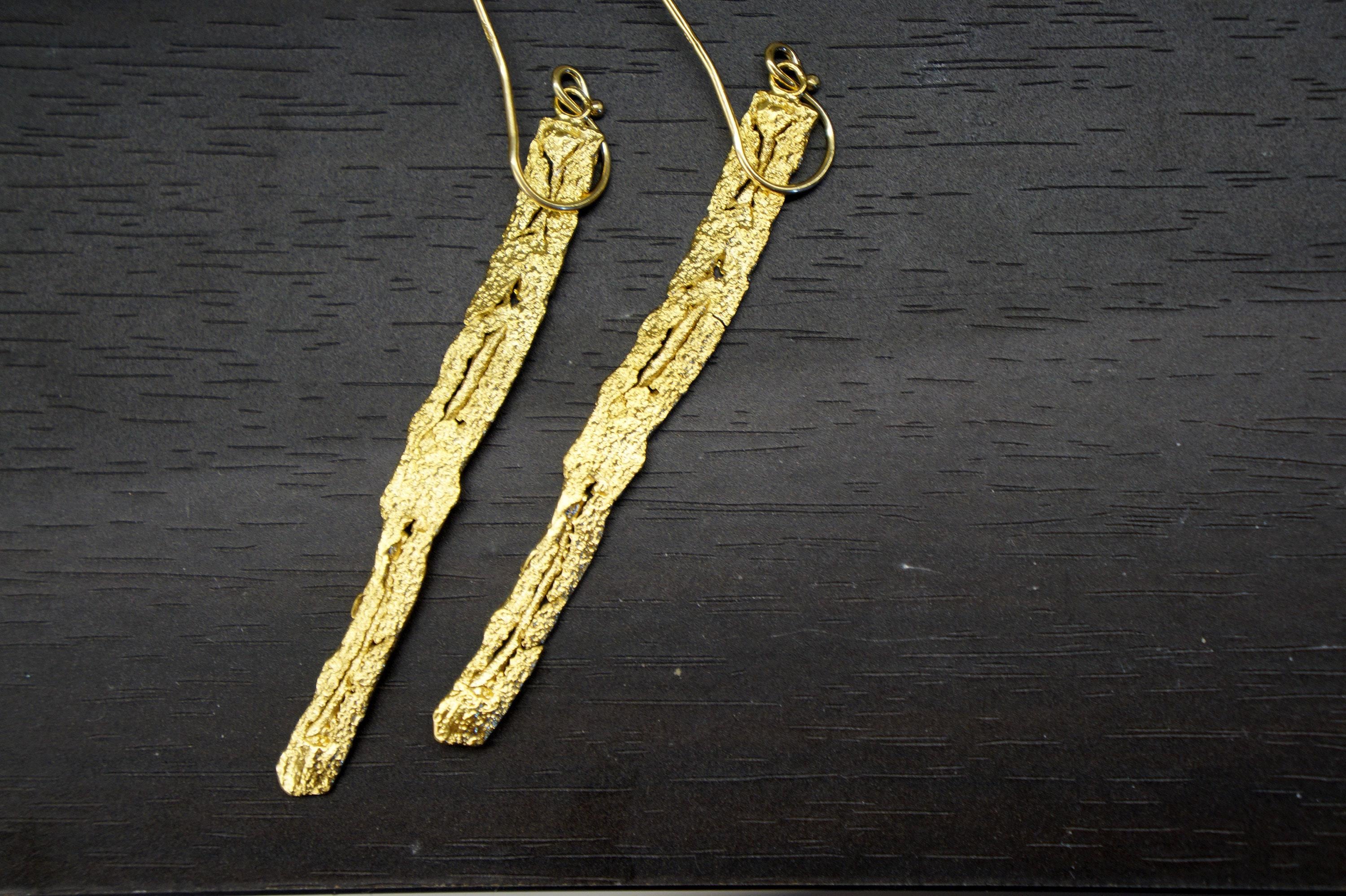 Long Dangle Earrings – Brass Tree Bark Design | Handmade Nature Jewelry Gold Tone