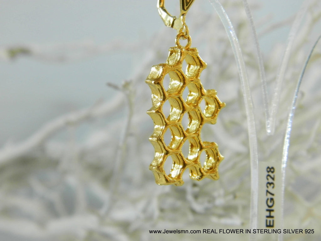Honeycomb Earrings: Gold Plated Brass Jewelry (Nature Inspired)