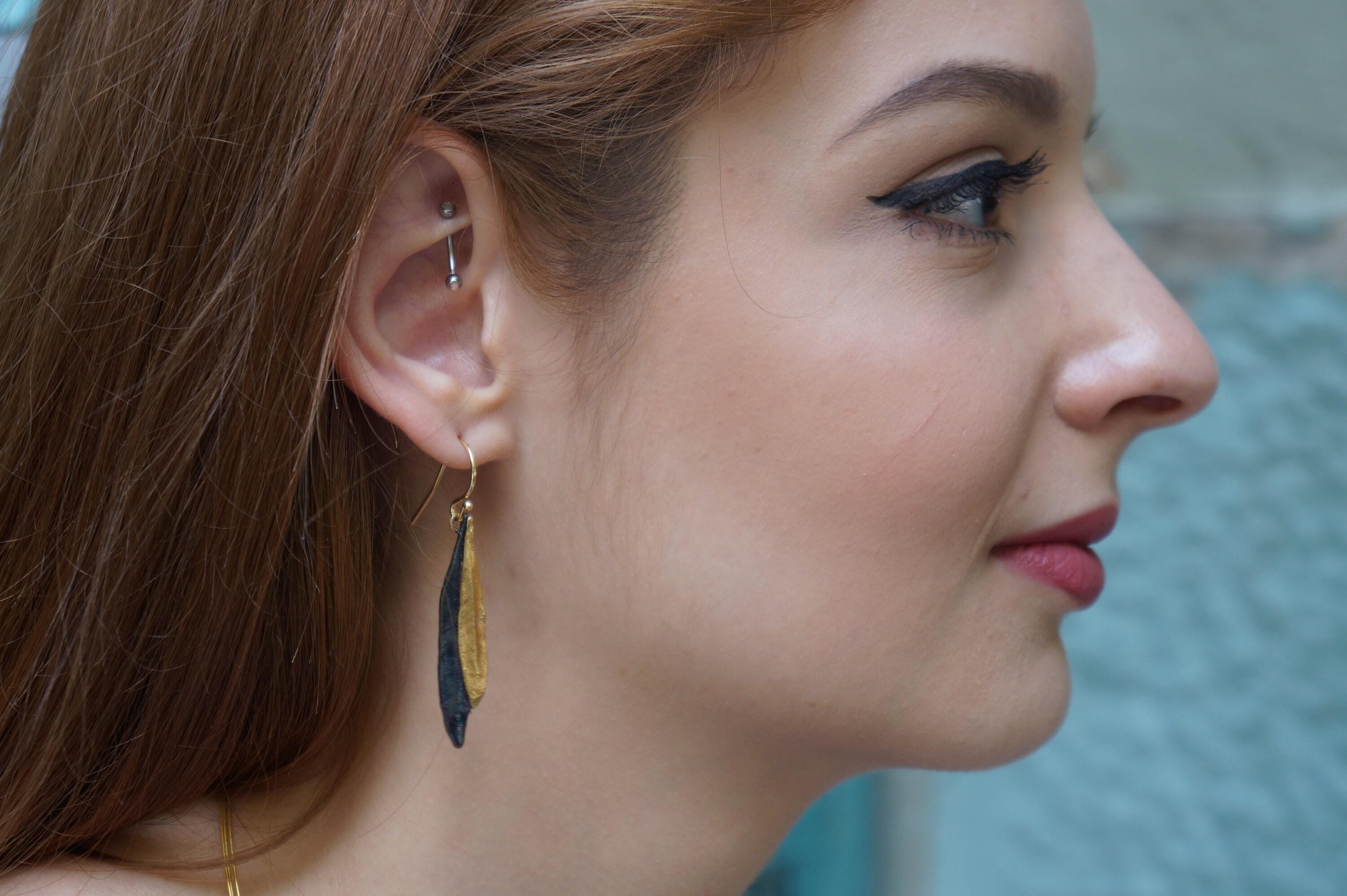 Olive Leaf Earrings – Gold & Black Rhodium Dangle Earrings With Tarnish Resistant Finish