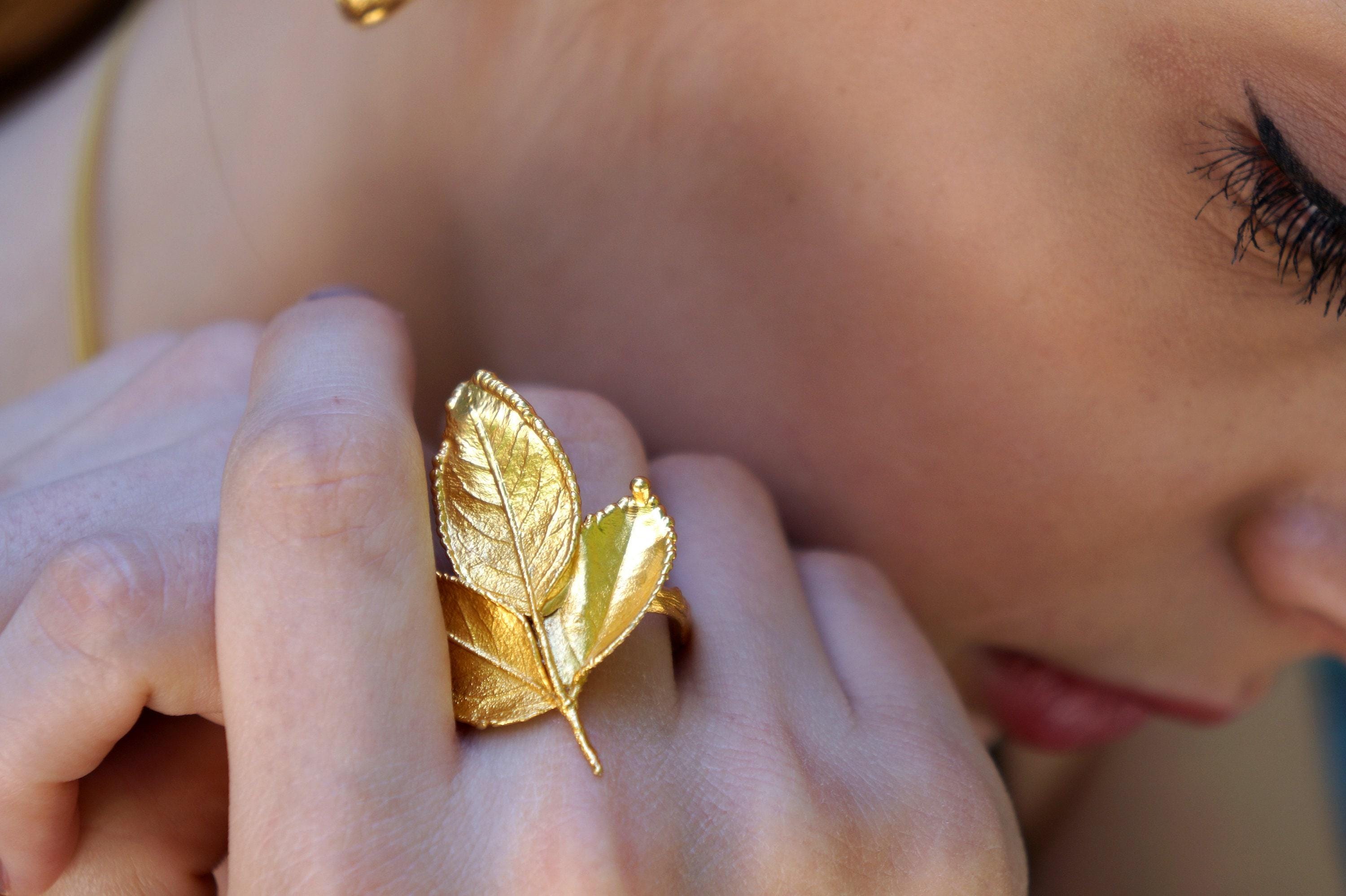 Nature-Inspired Gold Ring, Real Rose Leaves (Adjustable, Recycled Brass)