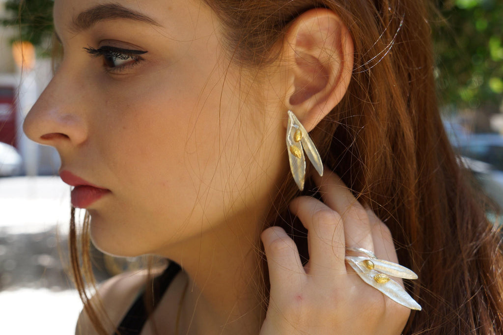 Olive Leaf Earrings – Sustainable Dangle Earrings | Gold Plated Black Brass Jewelry