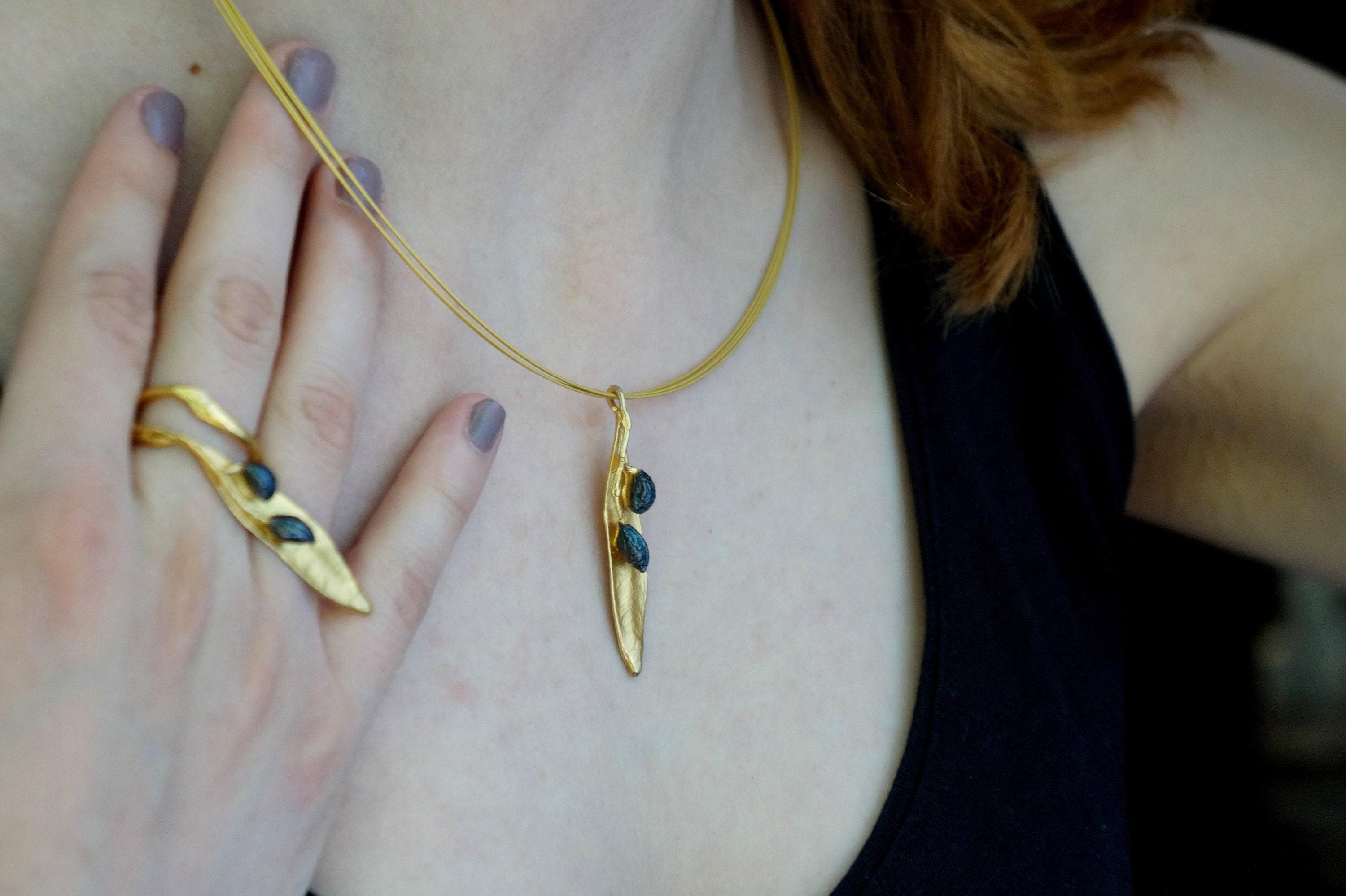 Olive Leaf Necklace – Gold Plated Adjustable Length with Black Rhodium Finish