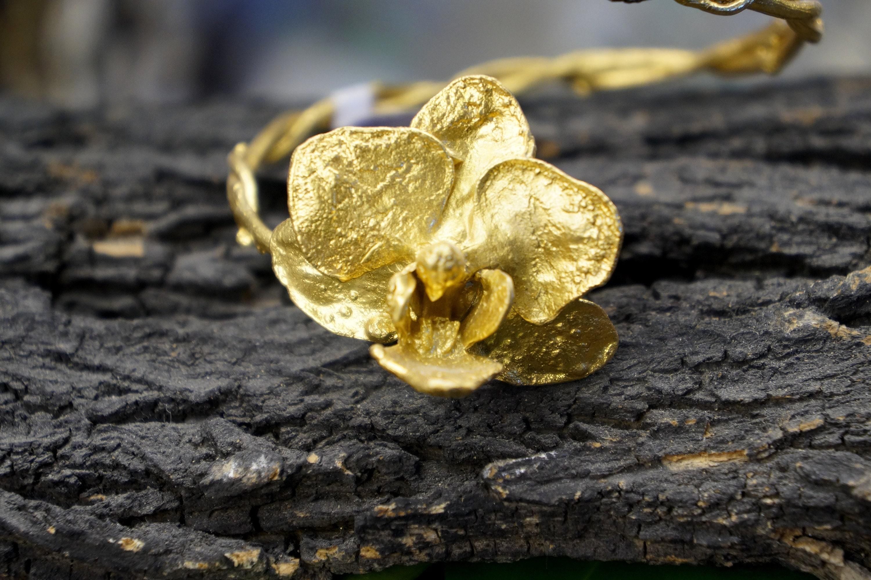 Nature-Inspired Gold Bracelet, Orchid and Rose Flowers (Adjustable Fit), Gold-Plated Brass