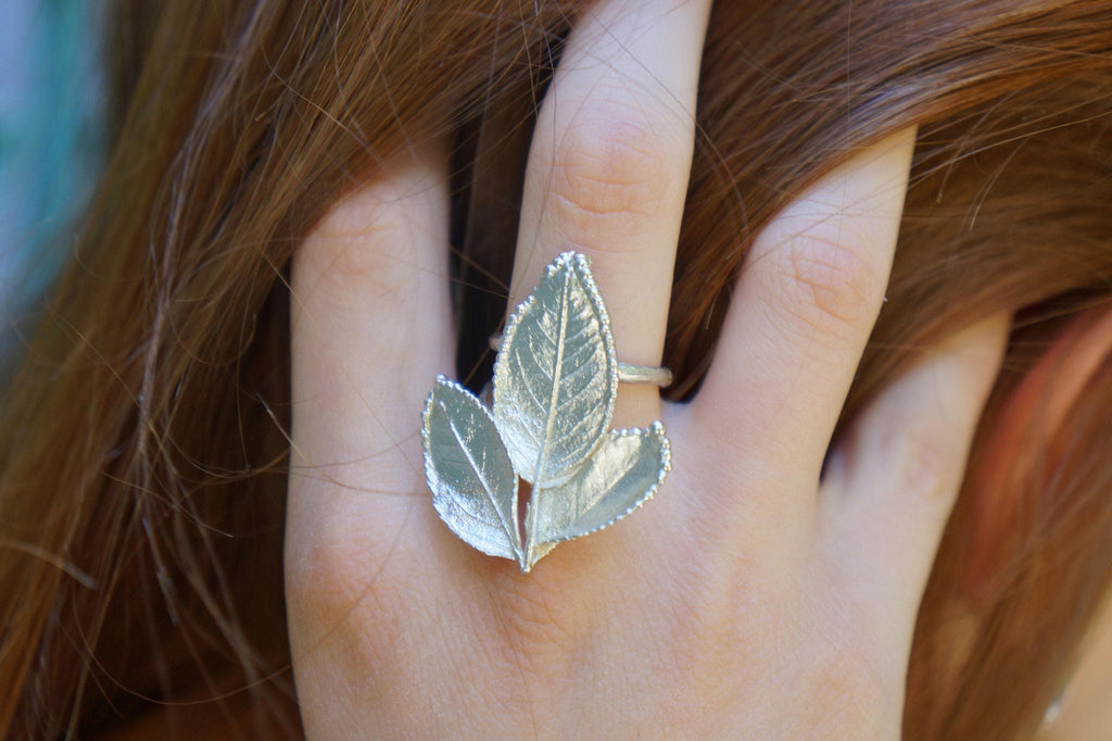 Gold Ring Rose Leaves – Adjustable 14K Gold Plated Recycled Brass Jewelry
