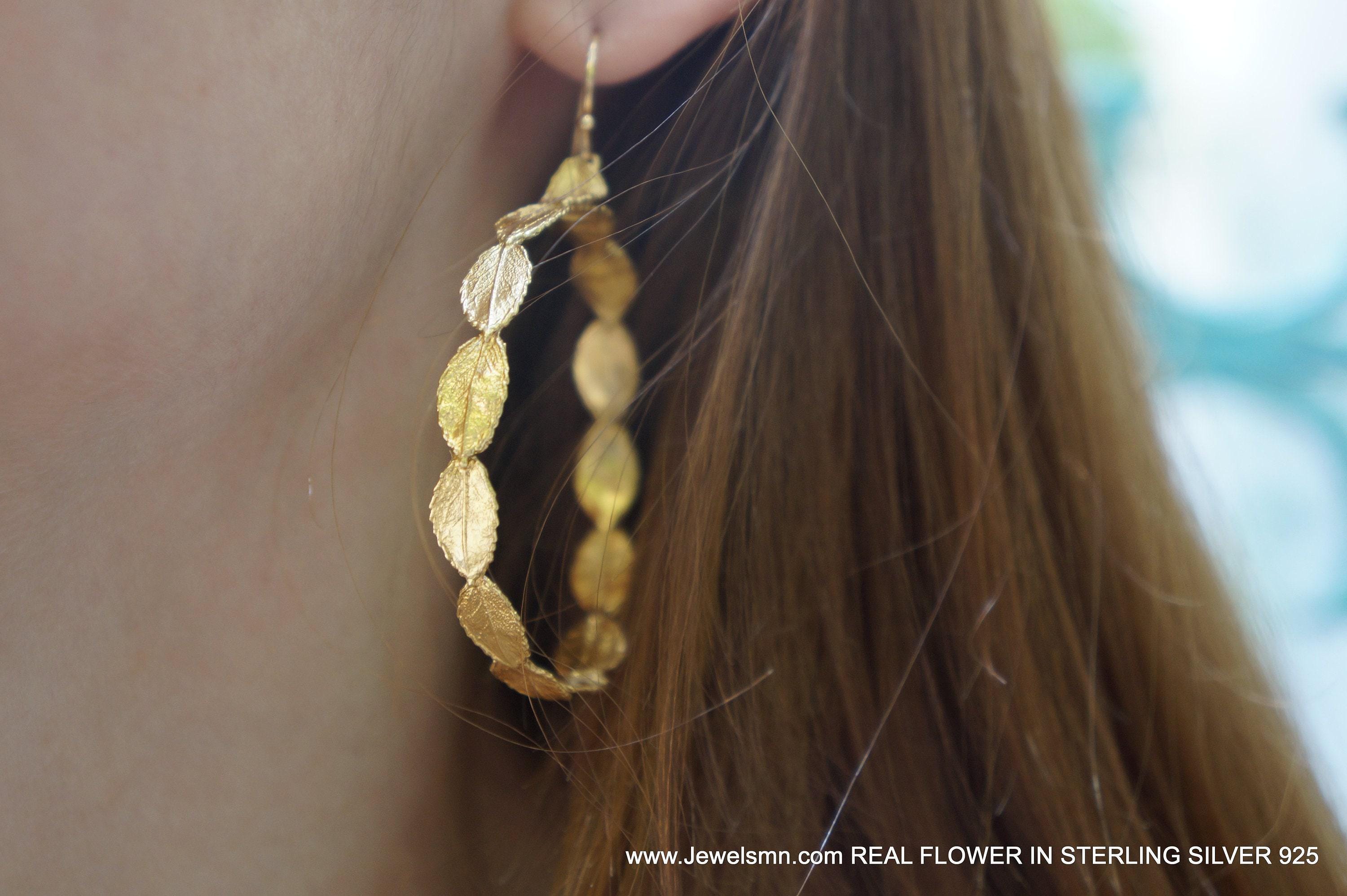 Delicate Rose Leaf Hoop Earrings: Tiny Botanical Gold-Plated Brass Hoops