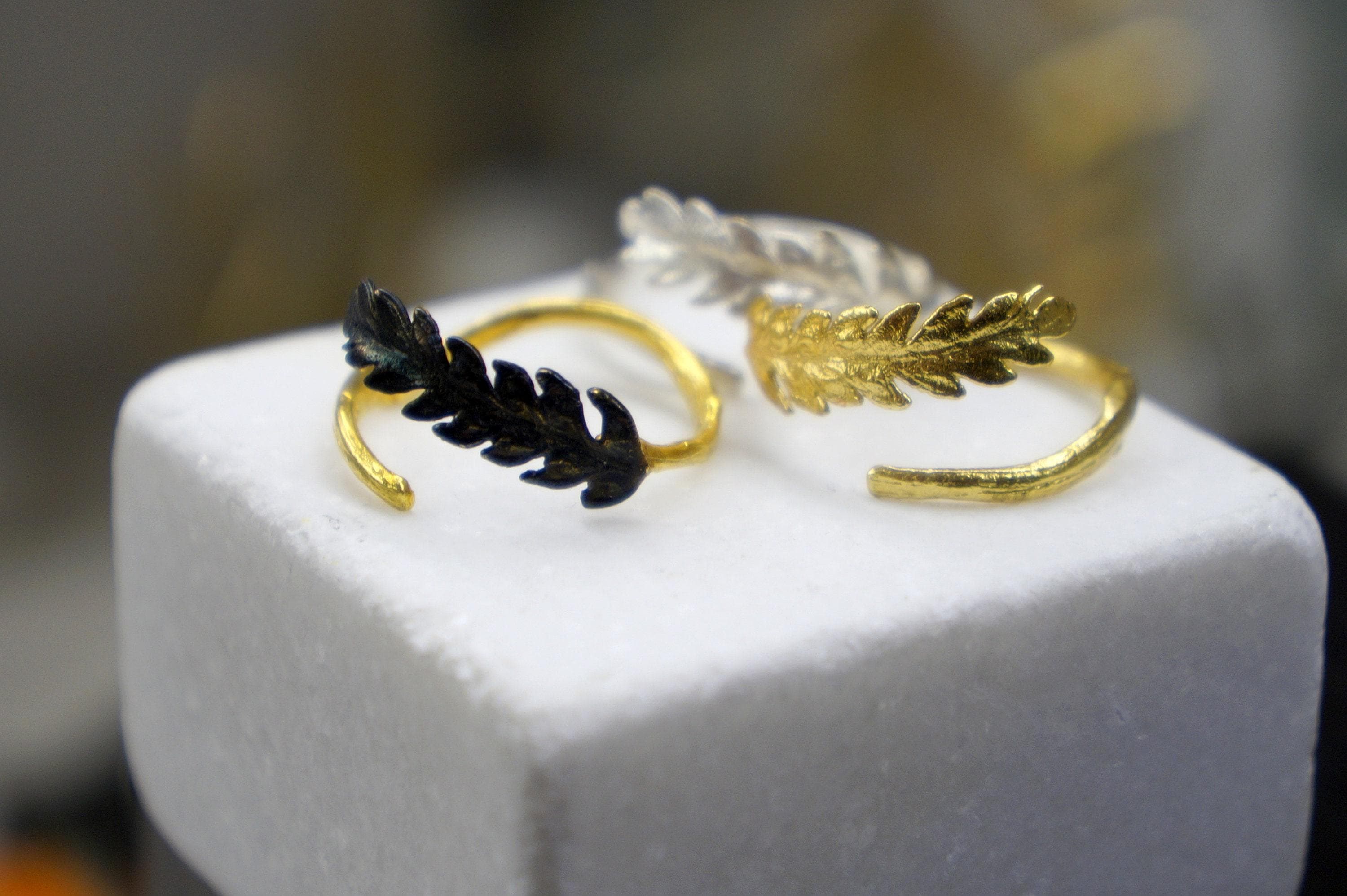 Brass Fern Leaf Ring – Handmade Adjustable Gold Plated Botanical Jewelry Gift