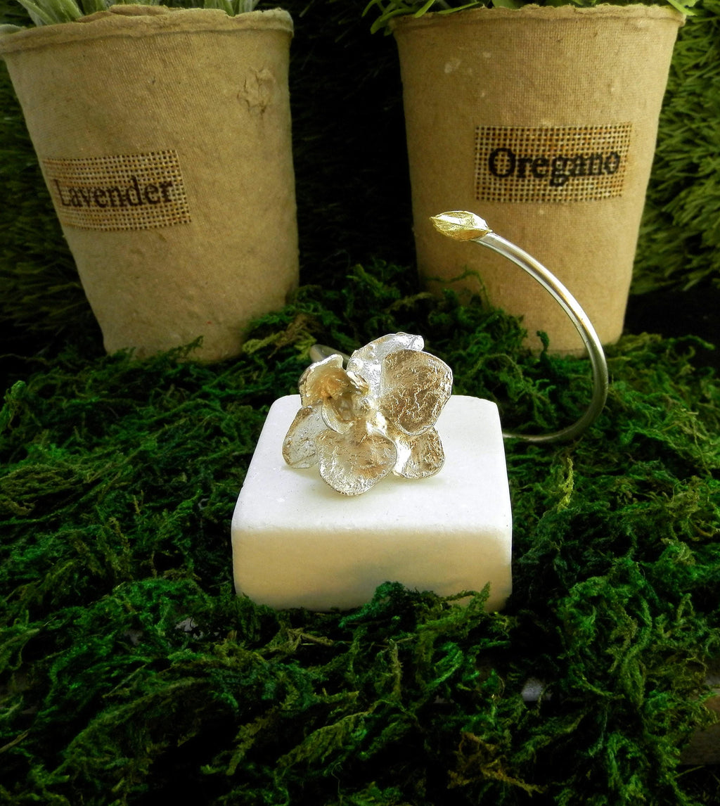 Orchid Bracelet Gold - Adjustable Floral Bracelet with Real Orchid Jewelry, Handmade Brass