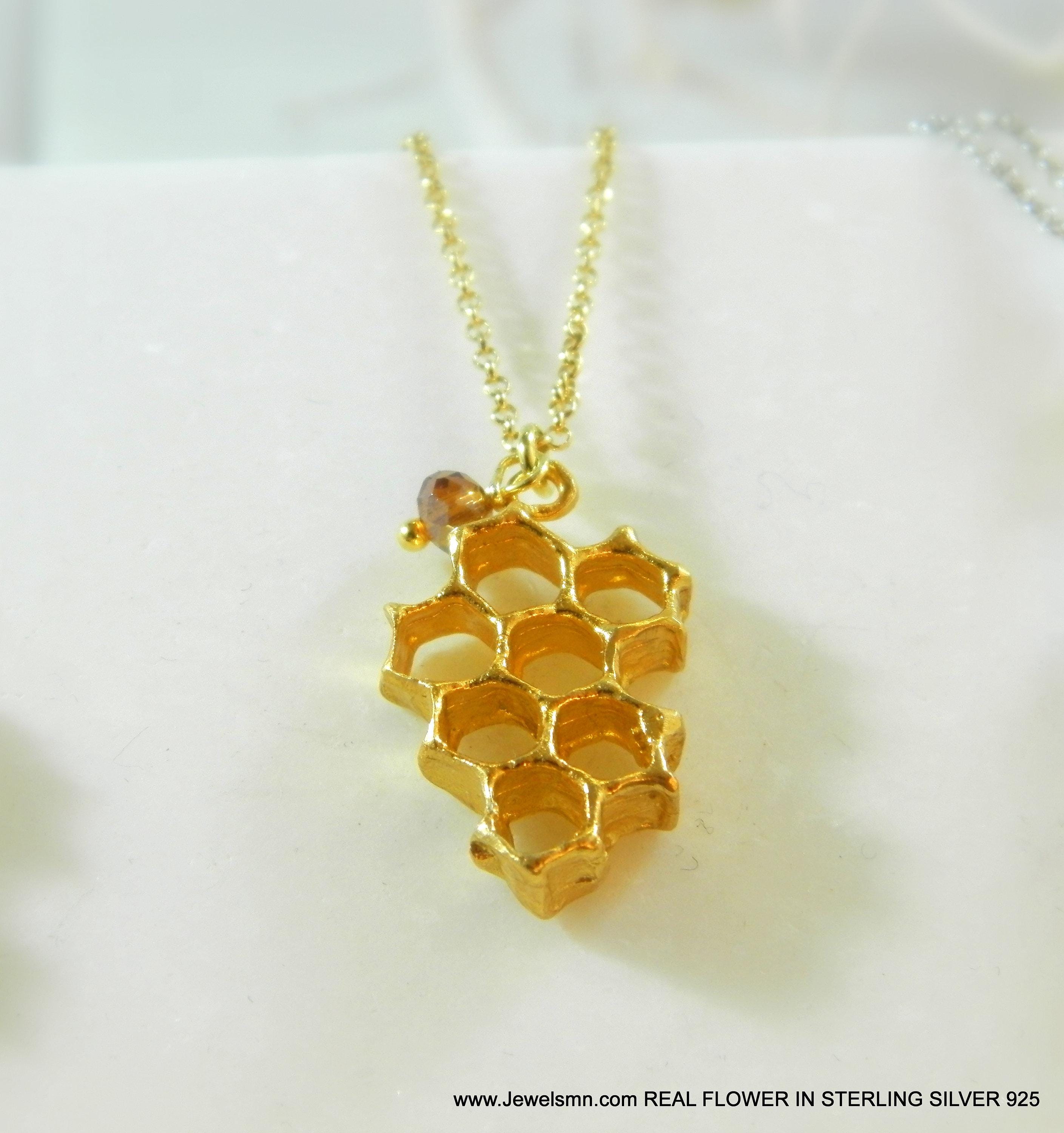 Bee Necklace: Honeycomb Hexagon Pendant (Gold-Plated Brass)