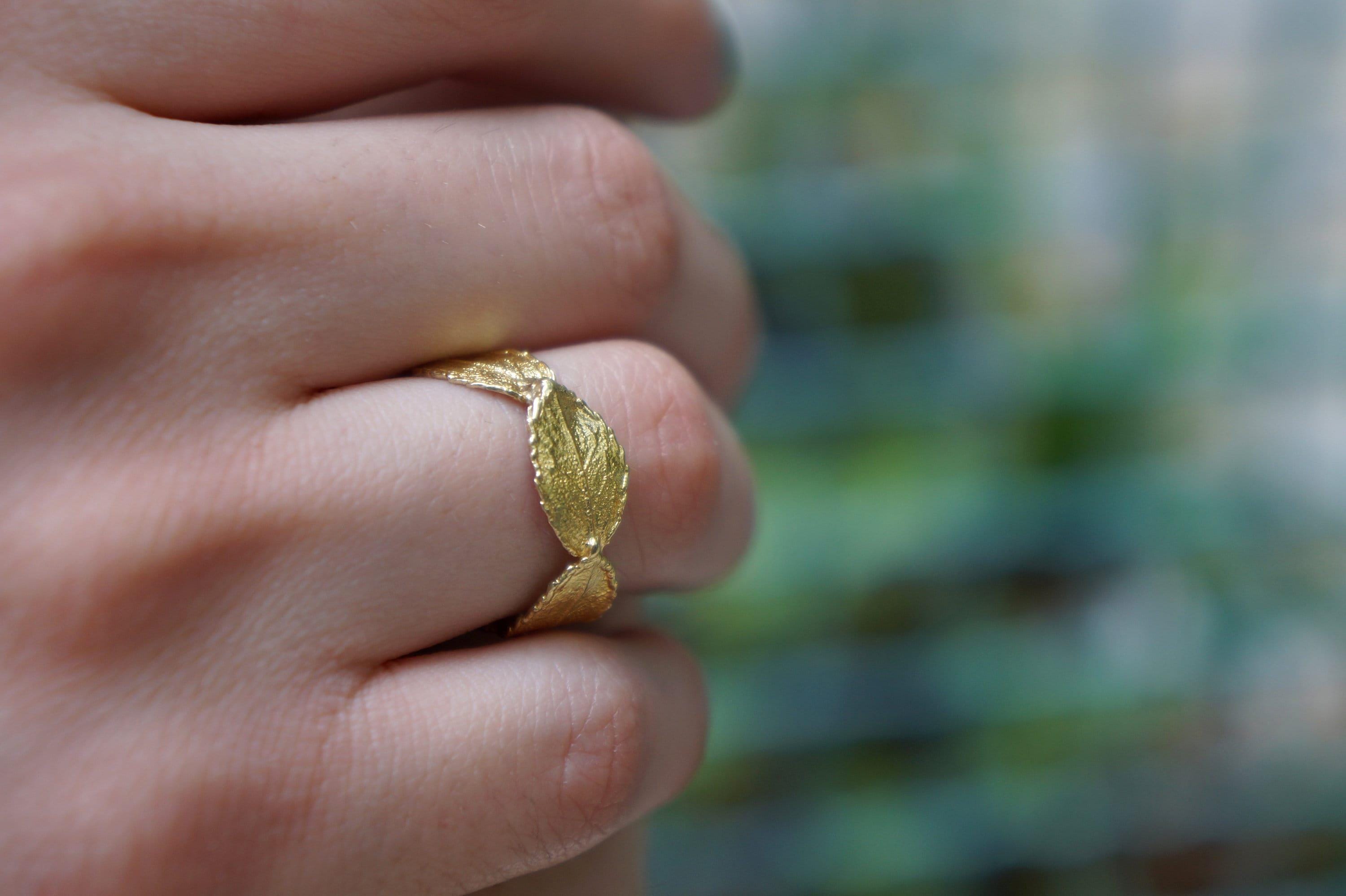 Rose Leaf Ring - Handmade Gold Plated Brass With Real Leaf Detail, Dainty Botanical Jewelry