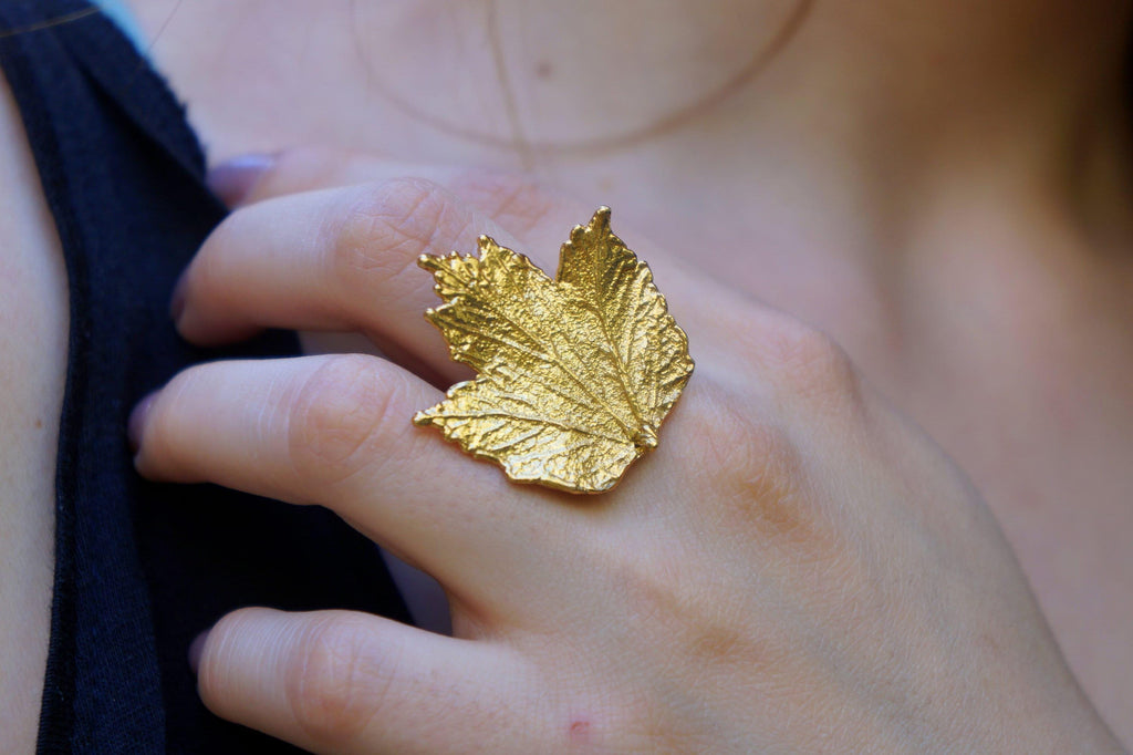 Bourbon Rose Leaf Ring – Adjustable Gold Plated Brass Botanical Style Jewelry