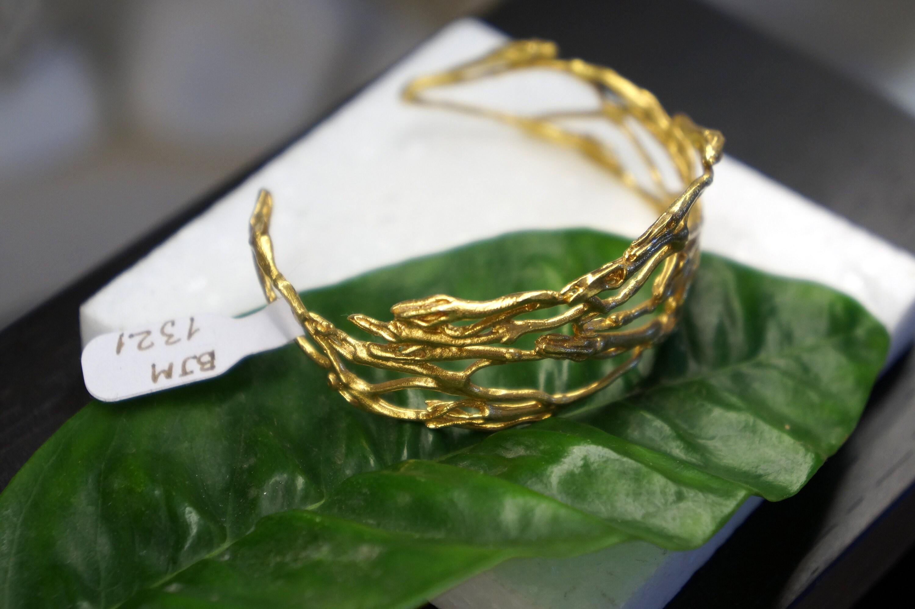 Adjustable Twig Bracelet – 14k Gold Plated Recycled Brass Cuff with Jasmine Flower Charm