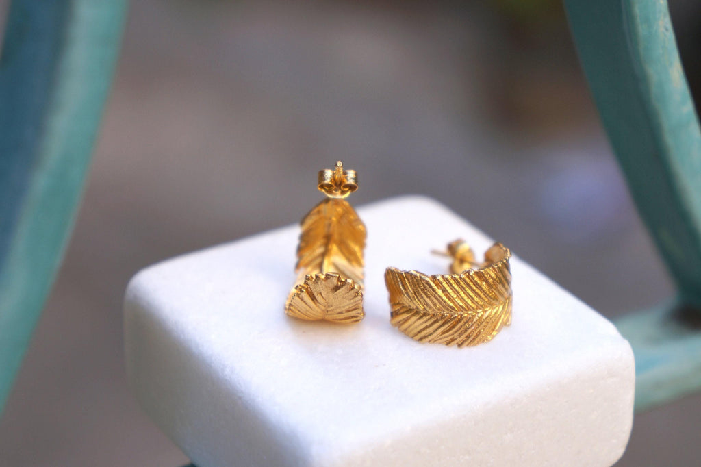 Gold Leaf Hoop Earrings – Handmade 14K Yellow Gold Nature Hoops
