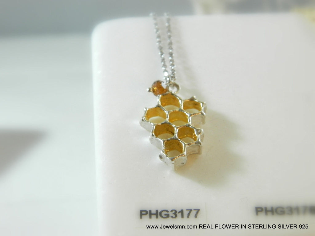 Bee Necklace: Honeycomb Hexagon Pendant (Gold-Plated Brass)