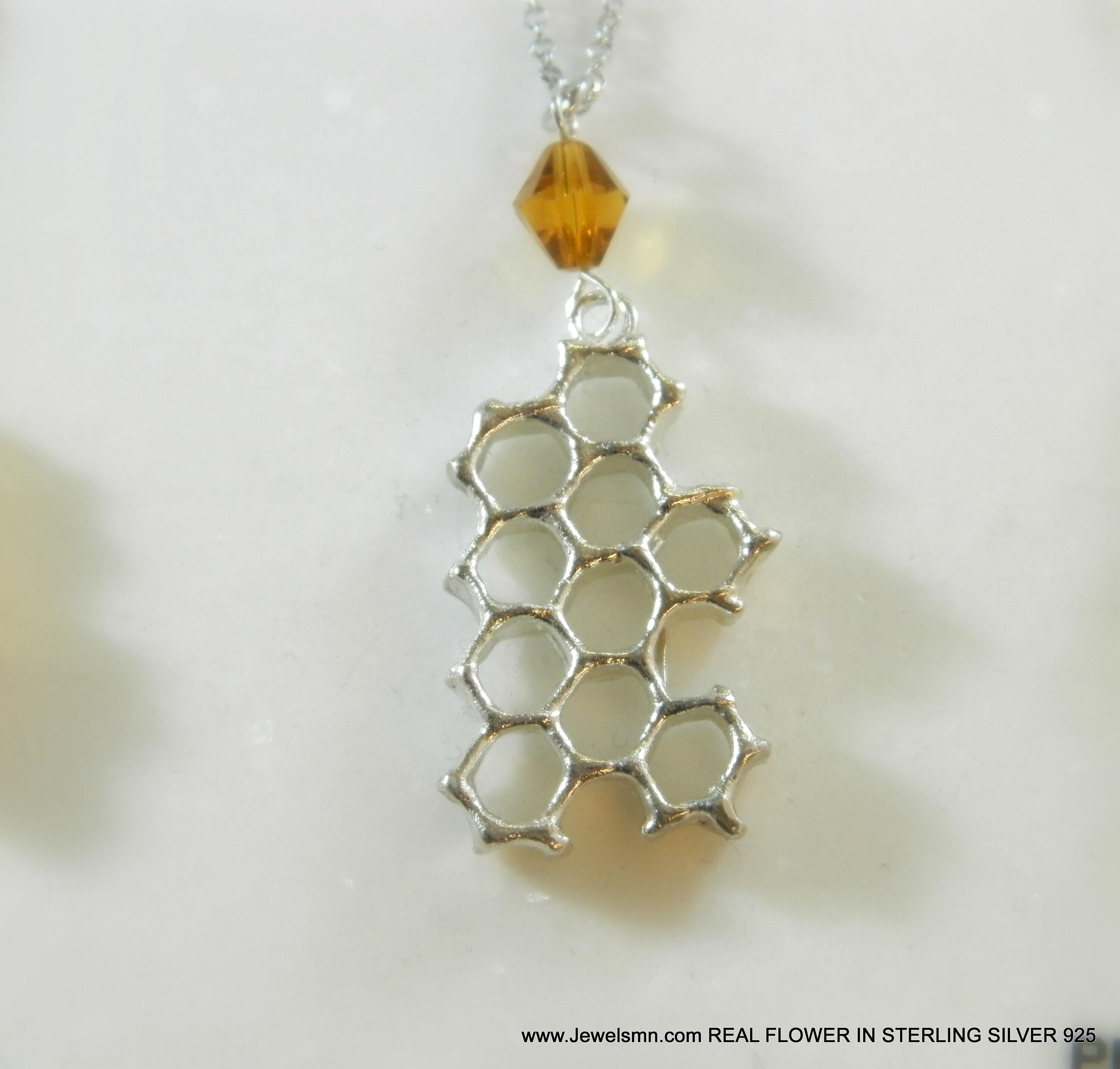 Bee Necklace: Honeycomb Hexagon Pendant (Gold-Plated Brass)