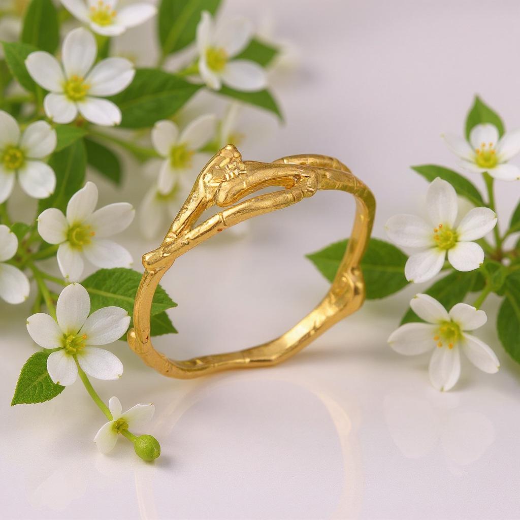 A gold ring with a leaf design sits on a white surface, surrounded by white flowers with green leaves.