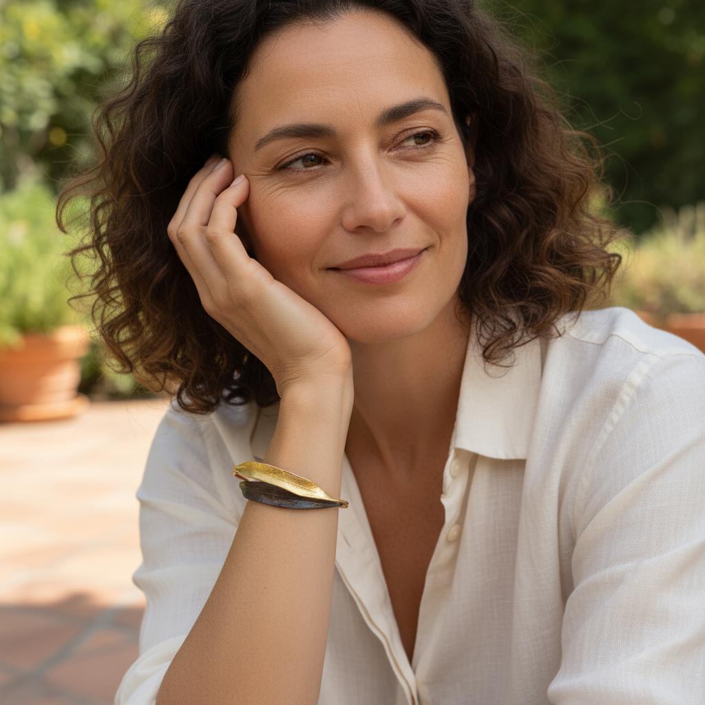 Olive Leaves Cuff Bracelet – 14k Gold Plated, Black Rhodium, Recycled Sterling Silver