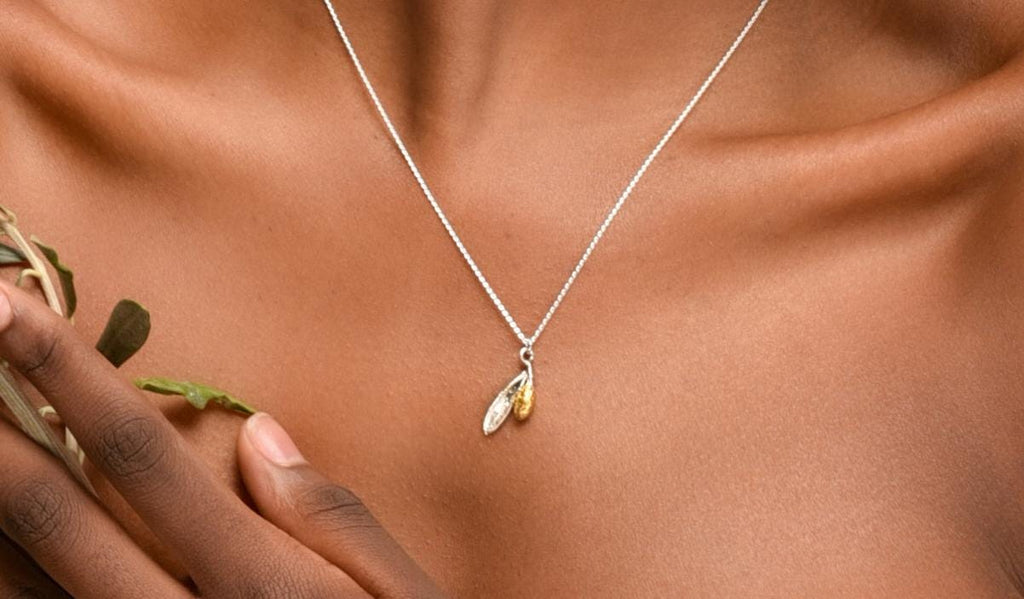 A close-up view of a person's neck and chest area, featuring a delicate silver necklace with a pendant.