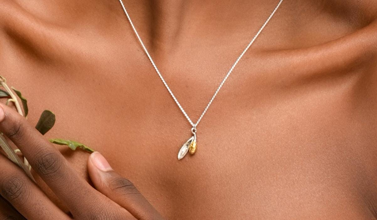 A close-up view of a person's neck and chest area, featuring a delicate silver necklace with a pendant.