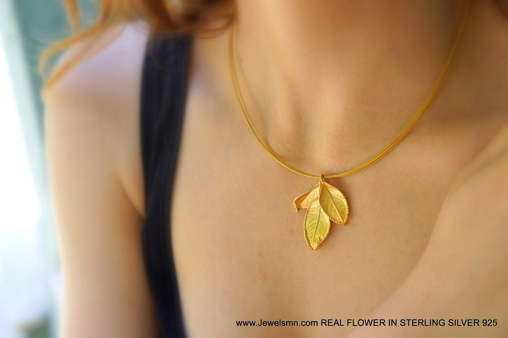 Rose Leaf Necklace - Eco-Friendly, Gold-Plated Brass Botanical Jewelry
