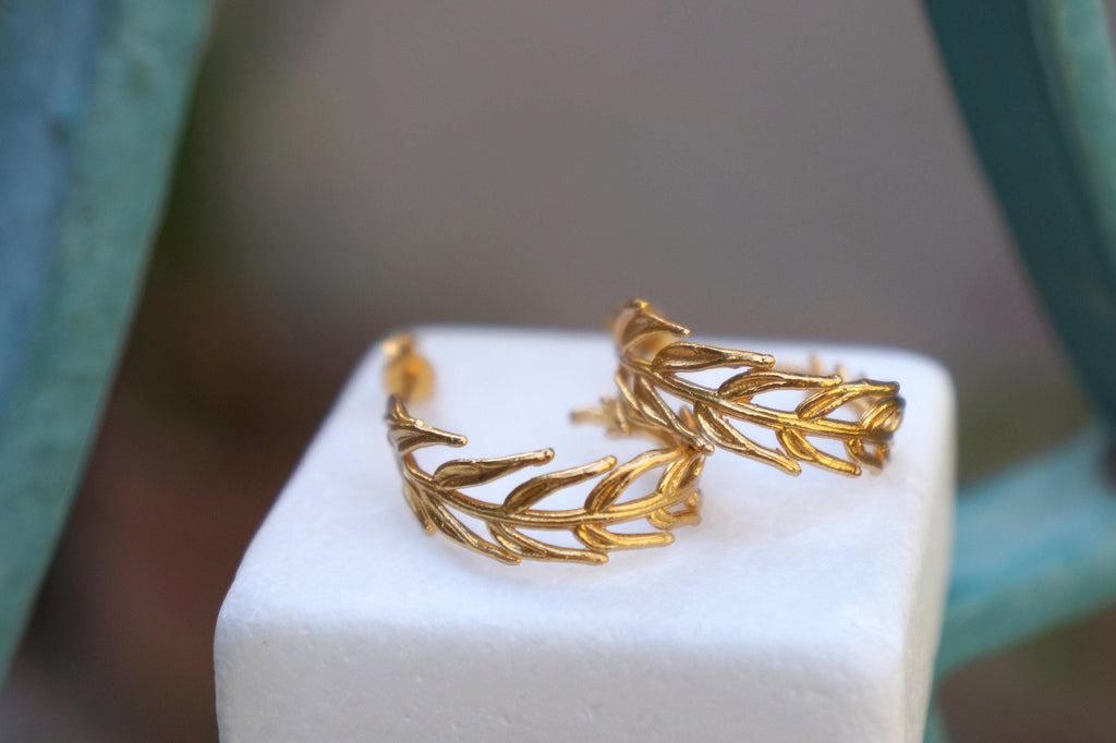 Gold Hoop Earrings – Handmade Recycled Brass With Gold Leaf Design | Eco Friendly Jewelry