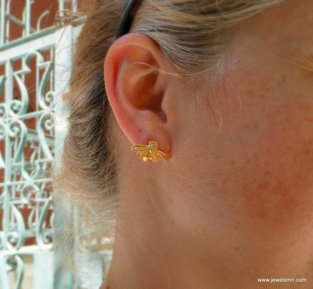 Gold Bee Earrings: Handmade Recycled Brass with 14k Plating