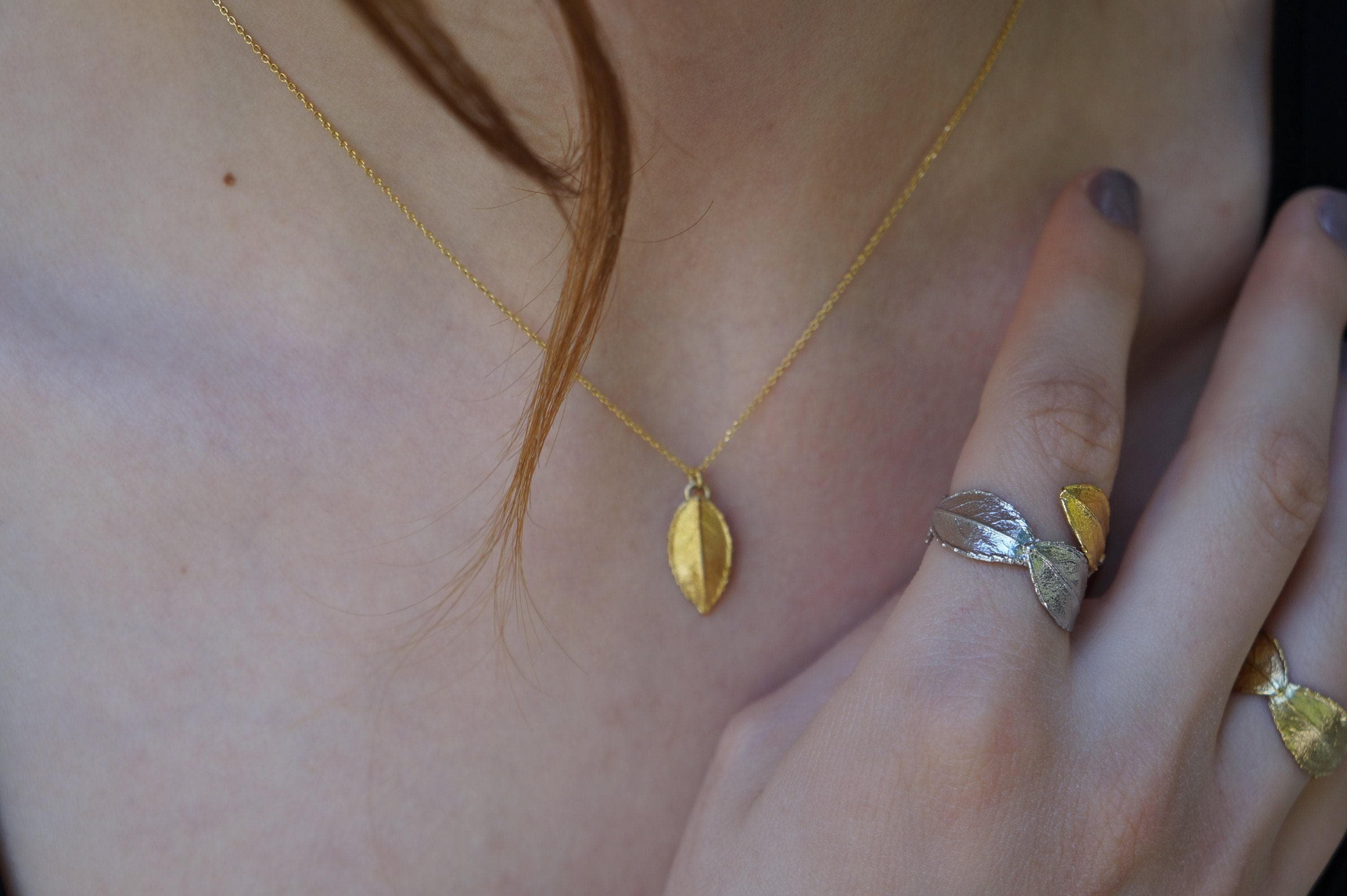 Rose Leaf Necklace: Minimalist Design - 14K Gold Plated Brass