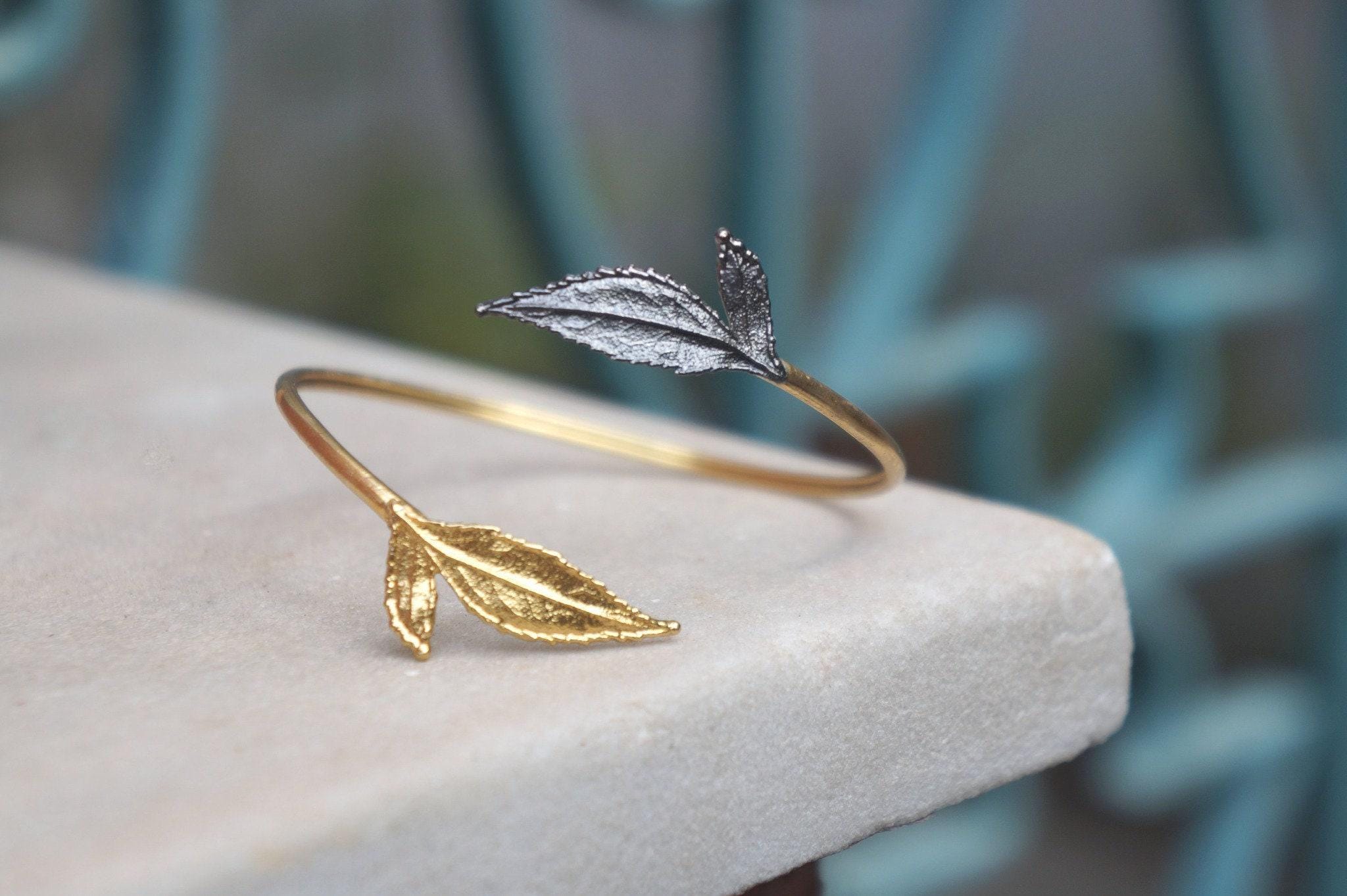 Rose Leaf Cuff Bracelet – Gold Plated Black Rhodium Adjustable Bangle for Nature Lovers
