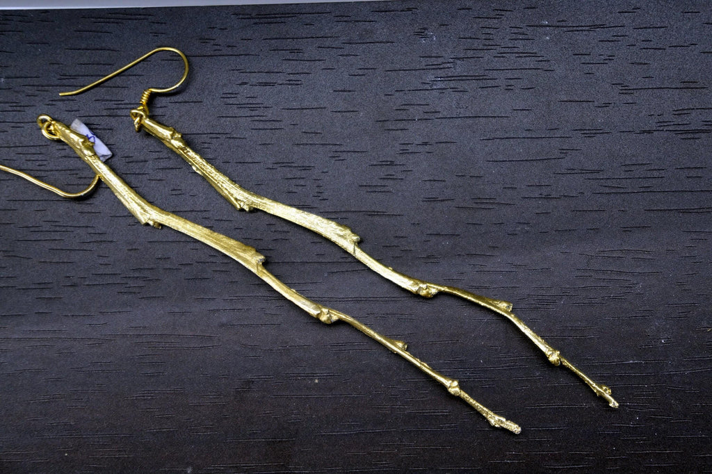 Dangle Branch Earrings - Long Gold-Plated Brass Twig Design