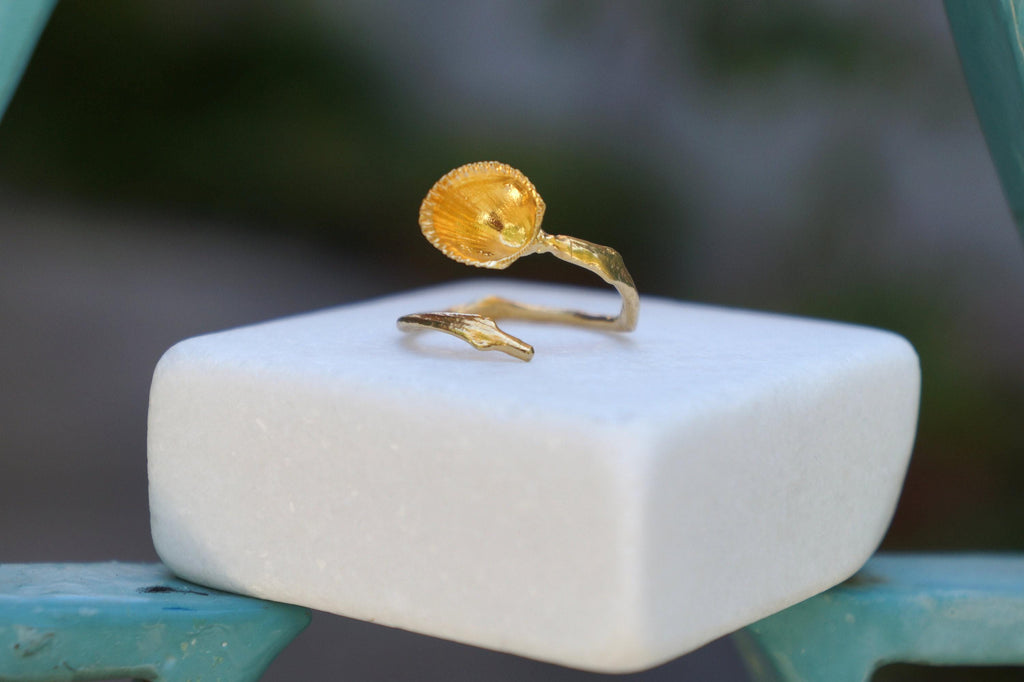 Sea Shell Gold Ring – Handmade Adjustable 14k Gold Plating Boho Jewelry Statement