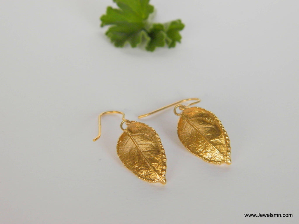 Real Rose Leaf Earrings: 14k Gold Plated on Recycled Brass