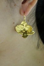 Orchid Flower Earrings - Gold Plated Brass, Nature Detail