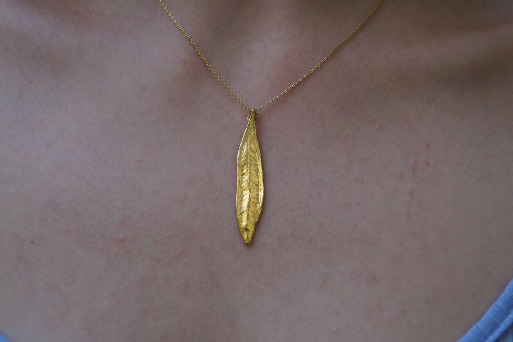 Gold Olive Leaf Necklace – 14K Gold Plated Pendant Necklace on Recycled Brass