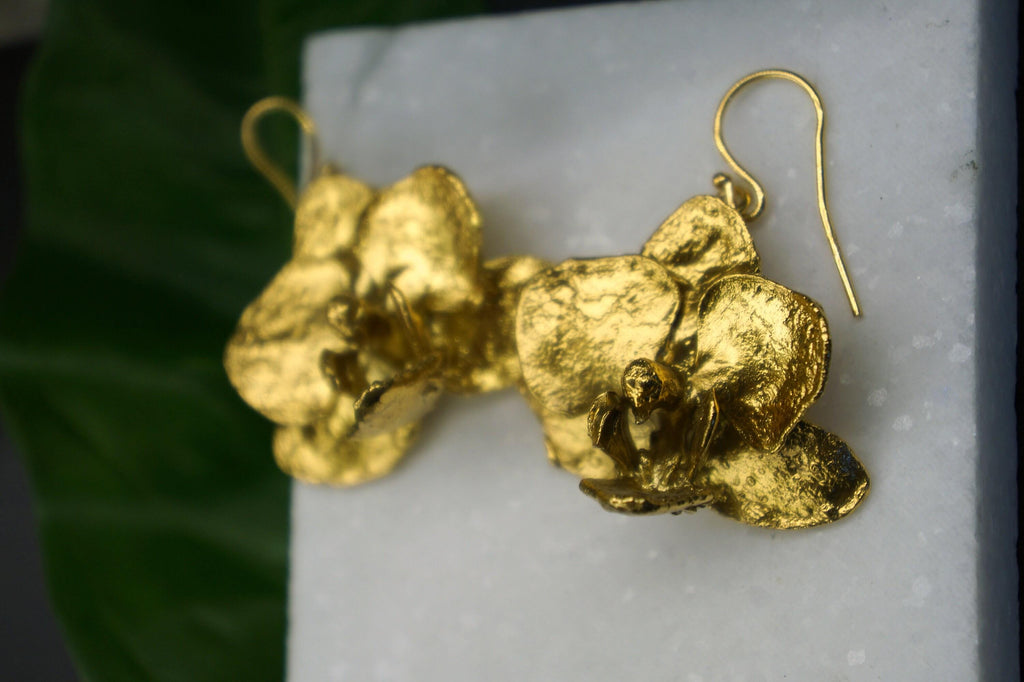 Orchid Flower Earrings – Handmade 14k Gold Plated Brass Statement Jewelry