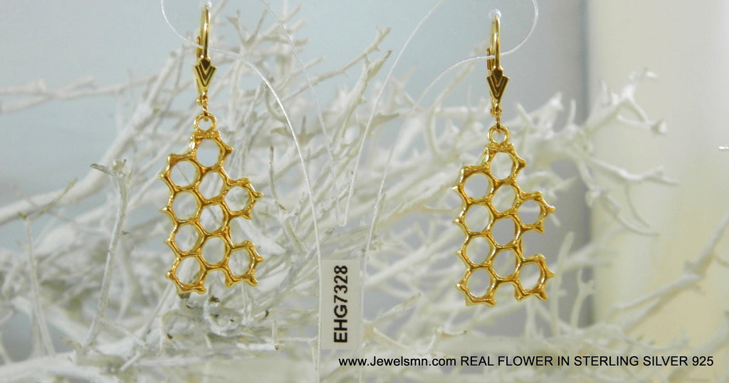 Honeycomb Earrings: Gold Plated Brass Jewelry (Nature Inspired)