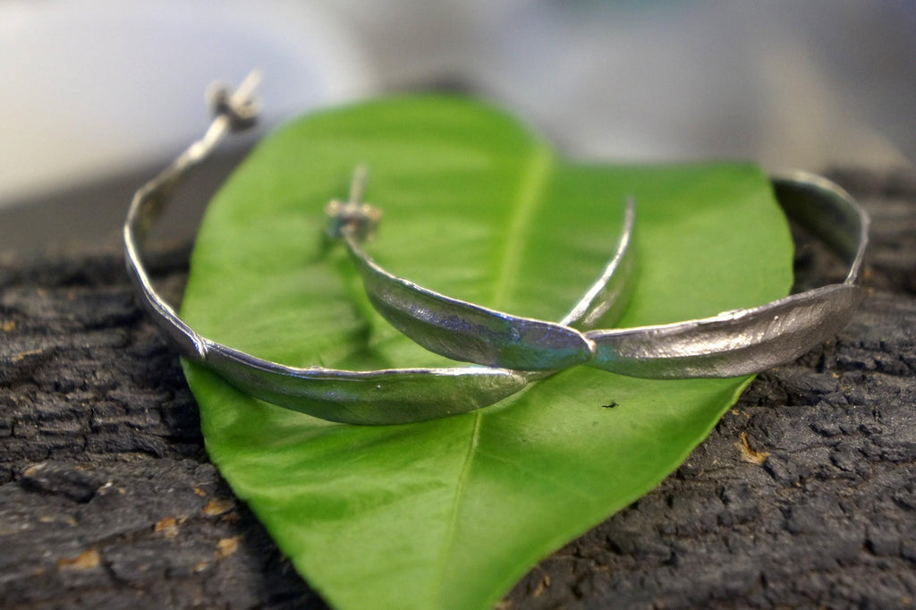 Big Hoop Earrings – Handmade Olive Leaf Gold Hoops | Adjustable Stud Closure