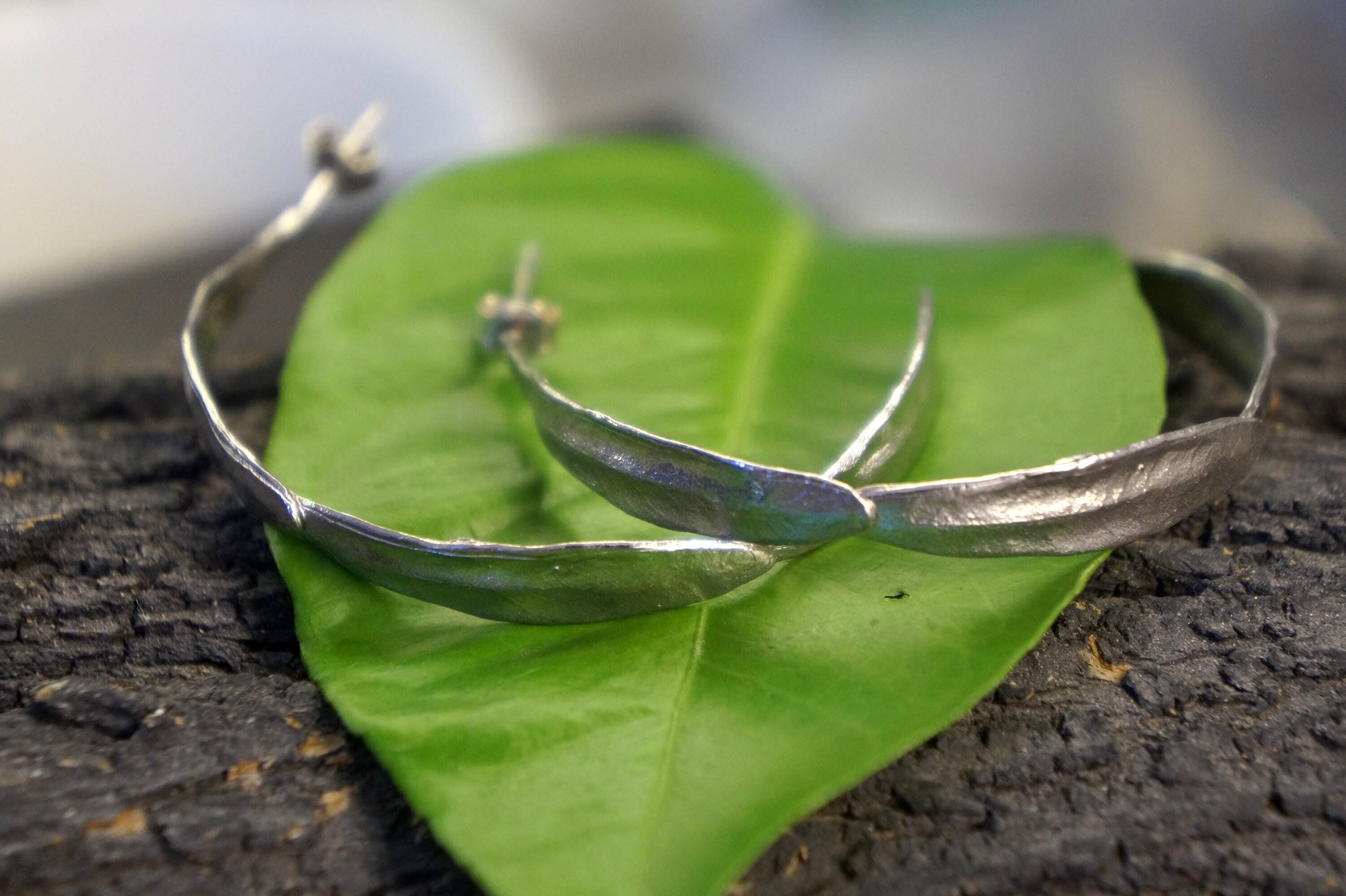 Big Hoop Earrings – Handmade Olive Leaf Gold Hoops | Adjustable Stud Closure