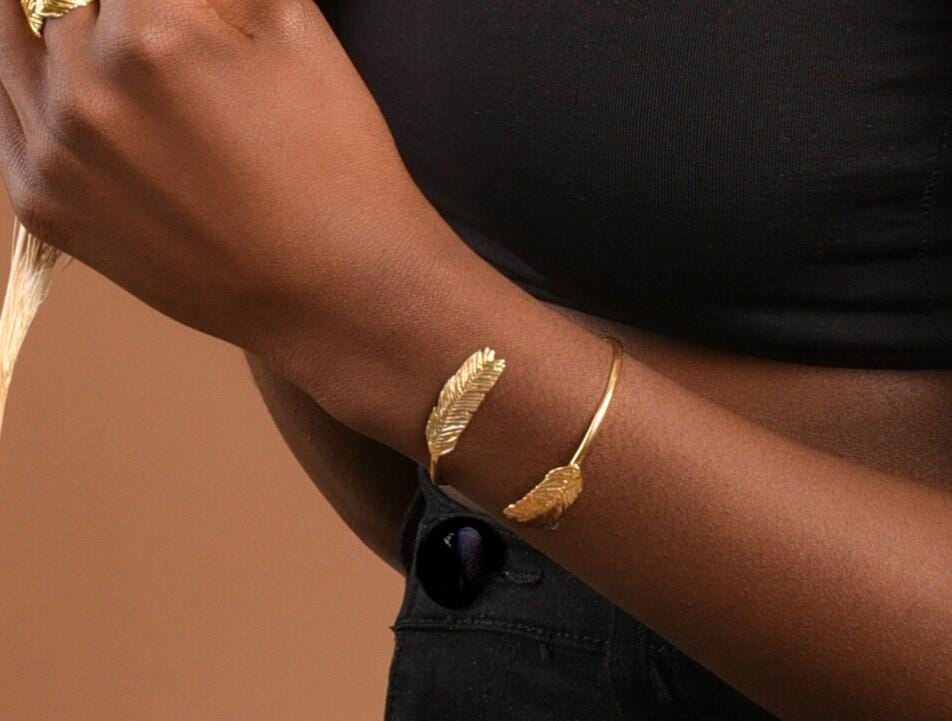 Mimosa Leaf Bracelet - Handmade Adjustable Gold-Plated Brass Cuff