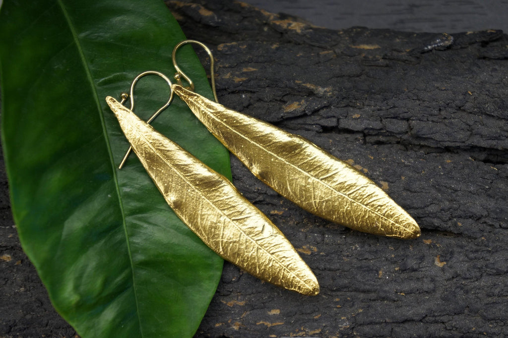 Olive Leaf Earrings – Gold Plated Long Dangle | Sustainable Handmade Jewelry