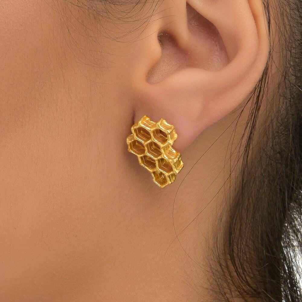 Gold Honeycomb Earrings - Delicate Vein Detail, Gold-Plated Brass