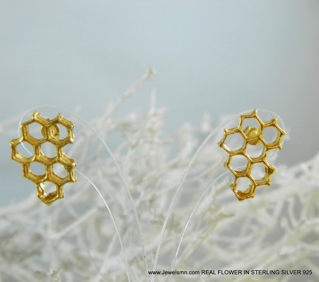 Gold Honeycomb Earrings - Delicate Vein Detail, Gold-Plated Brass
