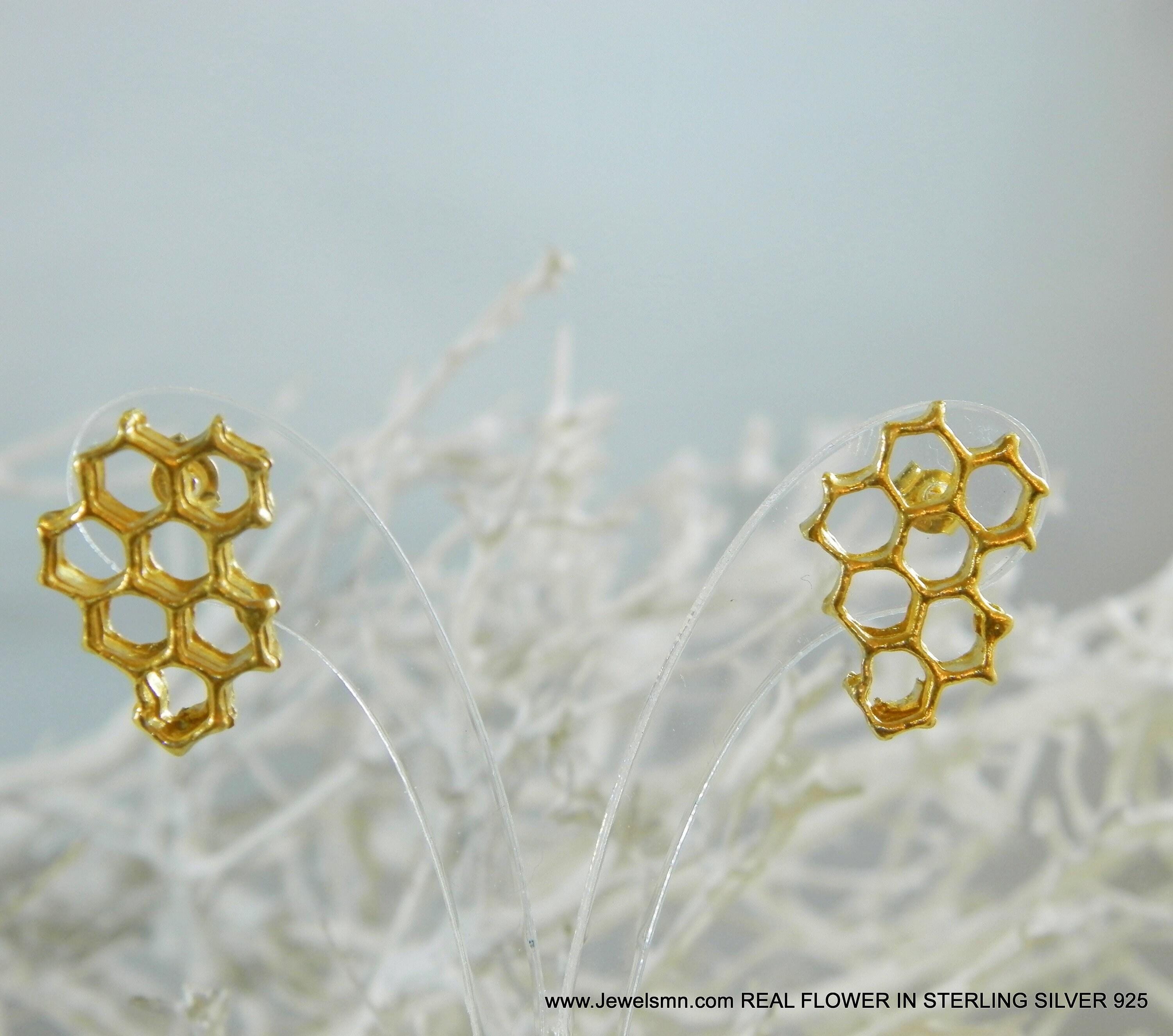 Gold Honeycomb Earrings - Delicate Vein Detail, Gold-Plated Brass