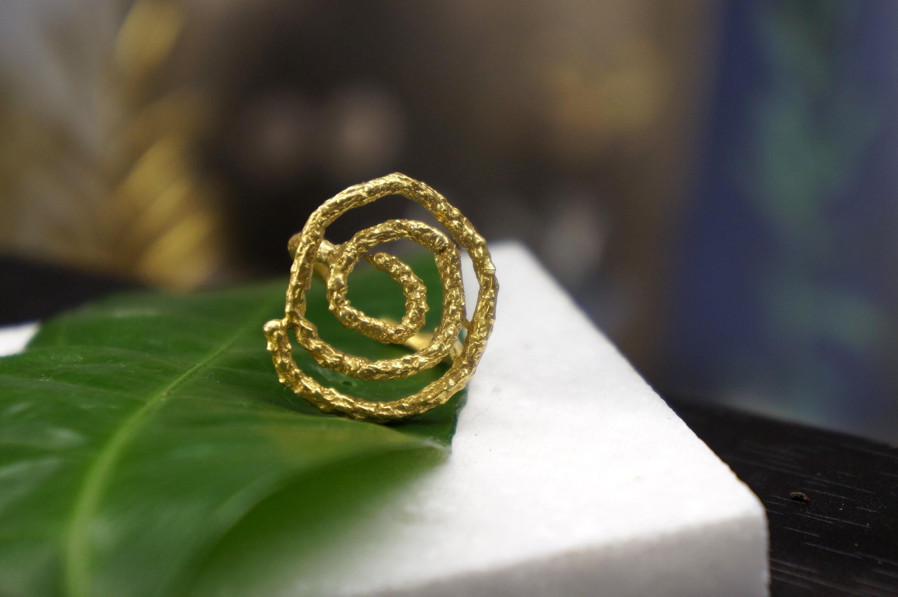 Handmade Pine Twig Ring – Gold Plated Spiral Adjustable Brass Statement Jewelry